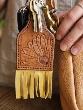 Handmade Daisy Tooled Cowtag Purse Charm - Keychain